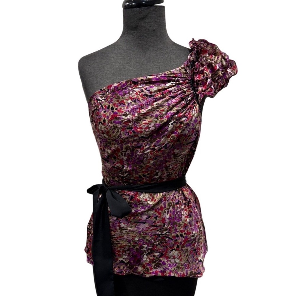 Bebe One Shoulder Purple‎ Pink Abstract Floral Ruffle Top Small